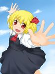  ascot bad_id bad_pixiv_id beegle blonde_hair blush hair_ribbon hands highres open_mouth outstretched_arms red_eyes ribbon rumia short_hair solo spread_arms touhou 