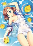  blue_eyes brown_hair hair_ornament hairclip lying niko_(azurite) no_pants on_back one-piece_swimsuit open_clothes open_shirt original rubber_duck school_swimsuit school_uniform see-through shirt solo swimsuit swimsuit_under_clothes water wet white_school_swimsuit white_swimsuit 