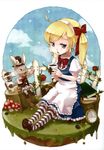  absurdres ahoge alice_(wonderland) alice_in_wonderland animal_ears apron bangs blonde_hair blue_eyes book bow bowtie briefcase bunny bunny_ears candle card checkered checkered_background cloud coffee cup day dress earrings fence flower grass hair_bow hair_ornament hair_ribbon hairband hat heart highres jewelry long_hair mary_janes mug mushroom pantyhose pocket_watch pouch puffy_sleeves ribbon rose shoes short_sleeves sitting skirt spade_(shape) star striped striped_legwear swept_bangs top_hat tree_stump twintails watch white_rabbit yukiu_kon 