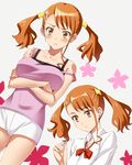  anjou_naruko ano_hi_mita_hana_no_namae_wo_bokutachi_wa_mada_shiranai. blush bow brown_eyes brown_hair camisole crossed_arms earrings hair_ornament hair_tousle hairclip jewelry kisugi_akira school_uniform shorts strap_slip twintails 