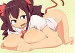  all_fours anal_tail between_breasts breast_press breasts brown_hair butt_plug copyright_request fake_tail huge_breasts necktie red_eyes smile solo tail top-down_bottom-up toudori 