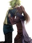  1girl blonde_hair cape couple golden_sun hetero higeka hug jasmine_(golden_sun) long_hair ponytail red_hair robin_(golden_sun) scarf short_hair 