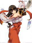  absurdres bangs black_hair bow breasts covered_nipples eiwa fighting_stance fire foreshortening hakama headband highres hip_vent japanese_clothes large_breasts long_hair looking_at_viewer low-tied_long_hair miko official_art ofuda parted_bangs ponytail purple_eyes queen's_blade red_hakama ribbon ribbon-trimmed_sleeves ribbon_trim scan scrunchie simple_background solo standing sword tomoe very_long_hair weapon wide_sleeves 