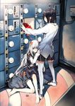  black_hair hiding knee_socks leaves locker tugging white_hair 