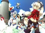  &gt;:) alternate_color ass assisted_exposure bad_id bad_pixiv_id barn bird blue_hair bow chicken cirno clenched_teeth cloud day flock fujiwara_no_mokou fundoshi grin hair_bow hat japanese_clothes kamishirasawa_keine kotomuke_fuurin laughing long_hair multiple_girls pants pants_pull parody pulled_by_another smile suspenders teardrop teeth the_legend_of_zelda touhou v-shaped_eyebrows white_hair 