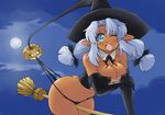  1girl bare_shoulders blue_eyes blue_hair blush breasts broom broom_riding bustier cleavage corset dark_skin elbow_gloves gloves halloween hat highres jack-o&#039;-lantern jack-o'-lantern lingerie naitou-kouse naitou_kouse open_mouth original pointy_ears pumpkin solo twintails underwear wedgie wink witch_hat 