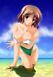  arm_support artist_request bent_over breast_hold breasts brown_eyes brown_hair cleavage day nipple_slip nipples ocean one-piece_swimsuit sand sky swimsuit teasing wardrobe_malfunction 