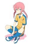  blue_eyes inazuma_eleven_(series) inazuma_eleven_go kirino_ranmaru long_hair low_twintails male_focus mami_(apsaras) otoko_no_ko pink_hair sitting soccer_uniform solo sportswear twintails 