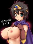  aqua_eyes bad_id bad_pixiv_id bangs black_hair blush breast_suppress breasts cape cloak crown dragon_quest dragon_quest_iii elbow_gloves embarrassed gem gloves glowing huge_breasts looking_at_viewer looking_back navel nipples nude onizuka_takuto profile puffy_nipples roto short_hair simple_background solo sweat translated upper_body 