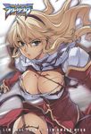  1girl black_legwear blonde blonde_hair blood blood_stain blue_eyes bra breast_hold breasts cleavage cleavage_cutout dress freezing freezing_(series) garter_belt hairband highres kim_kwang_hyun large_breasts long_hair motion_blur oppai ribbon satellizer_el_bridget solo sword thighhighs torn_clothes underwear weapon 