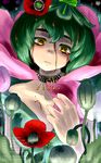  bare_shoulders breasts choker cleavage collarbone colored_eyelashes eyebrows flower frown green_hair hair_flower hair_ornament head_tilt large_breasts original oso_(toolate) papaver_somniferum personification plant ringed_eyes short_hair solo tears yellow_eyes 
