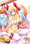  bad_id bad_pixiv_id bare_shoulders bed blonde_hair bow bra breasts candy cleavage eating food hair_bow highres jelly_bean large_breasts lingerie lollipop long_hair looking_at_viewer mouth_hold navel original panties pillow pocky side-tie_panties sitting smile solo thighhighs twintails underwear underwear_only undone very_long_hair white_bra white_legwear white_panties x.x 