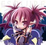  arm_support black_gloves blush close-up disgaea earrings elbow_gloves etna face fang gloves haga_yui jewelry looking_at_viewer lowres makai_senki_disgaea neck_ring open_mouth pointy_ears prinny purple_eyes purple_hair short_hair skull_earrings solo spiked_hair stuffed_animal stuffed_toy two_side_up 