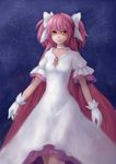  bow collar dress gloves hair_bow highres kaname_madoka long_hair magical_girl mahou_shoujo_madoka_magica pink_hair sinkyhua solo space ultimate_madoka very_long_hair white_gloves yellow_eyes 