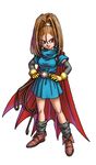  barbara belt cape dragon_quest dragon_quest_vi earrings elbow_gloves forehead gloves hands_on_hips high_ponytail highres jewelry long_hair official_art orange_hair ponytail simple_background skirt solo standing toriyama_akira whip 