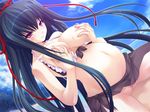  black_hair blue_hair breast_hold breasts clavicle cloud girl_on_top large_breasts long_hair midriff navel oppai outdoors pregnant purple_eyes sky smile straddle sweat tagme 