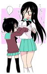  a_channel bad_id bad_pixiv_id black_hair blush breast_lift breasts brown_eyes height_difference ichii_tooru kneehighs large_breasts long_hair momoyama_nozomu multiple_girls nishi_yuuko open_mouth school_uniform short_hair skirt sleeves_past_fingers sleeves_past_wrists sweater thighhighs translated wavy_mouth zettai_ryouiki 