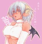  animal_ears bat_wings breasts dark_skin detached_sleeves fuyube_rion horns large_breasts lowres original sheep short_hair silver_hair solo underboob wings 