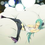  aqua_eyes aqua_hair bangs black_feathers black_legwear casual earbuds earphones earphones_removed feathers hair_down hair_feathers hands_together hatsune_miku interlocked_fingers long_hair looking_at_viewer lying on_back purple_footwear sandals shirt smile solo thighhighs vocaloid white_shirt yoshito 