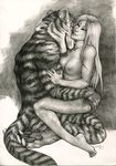  anthro breasts claws duo ezzleo feline female female_on_top girl_on_top greyscale hair harag human human_on_anthro interspecies kathleen kneeling light_skin long_hair male mammal monochrome muscles nipples on_top paws russ sex smile straight tail tiger 