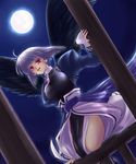  1girl kamyu moon night open_mouth red_eyes silver_hair sky solo utawareru_mono utawarerumono wings 