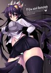  black_hair black_legwear breasts character_name covered_nipples engrish extra_mouth filia_(skullgirls) fukai_ryousuke hand_on_hip highres impossible_clothes impossible_shirt large_breasts legs long_hair navel panties pantyshot prehensile_hair ranguage red_eyes saliva samson_(skullgirls) shirt skullgirls solo teeth thighhighs thighs underwear upskirt 