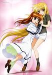  absurdres blonde_hair brown_hair fate_testarossa hair_down hair_ribbon highres legs long_hair looking_at_viewer lyrical_nanoha mahou_shoujo_lyrical_nanoha mahou_shoujo_lyrical_nanoha_the_movie_1st multiple_girls non-web_source okuda_yasuhiro purple_eyes red_eyes ribbon school_uniform seishou_elementary_school_uniform shorts socks takamachi_nanoha very_long_hair 