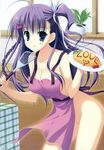  :d absurdres apron blue_eyes breasts cleavage copyright_request food highres medium_breasts naked_apron naruse_mamoru no_bra no_panties omurice open_mouth plant plate potted_plant purple_hair smile solo spatula table 