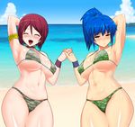  arm_behind_head arm_up armpits beach bikini blue_hair blush breasts brown_hair camouflage choker cleavage closed_eyes day earrings holding_hands interlocked_fingers jewelry large_breasts leona_heidern multiple_girls okyou open_mouth ponytail sweat swimsuit the_king_of_fighters whip_(kof) 