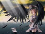  black_feathers black_wings brown_eyes brown_hair chain feathered_wings feathers gothic highres jewelry necklace onozuka_komachi scythe skeleton skull solo touhou two_side_up wallpaper wings yuuki_eishi 