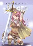  angel_wings areolae armor blinding_discoloration chain_mail cloak digital_lover gloves hair_clip head_wings knight knight_(ragnarok_online) nakajima_yuka nipple_slip panchira pantsu pink_eyes pink_hair ragnarok_online sparkle sword torn_clothes wings wink zettai_ryouiki 