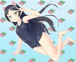  animal_ears armpits bangs barefoot black_hair black_school_swimsuit black_swimsuit blue_background blush bow breasts cat_ears cherry clenched_hand closed_mouth collarbone covered_navel fake_animal_ears food from_side fruit fruit_background full_body gradient gradient_background green_bow green_eyes hair_intakes hairband halftone halftone_background hand_up hazuki_kurumi hips kaitou_tenshi_twin_angel kneeling legs legs_together light_smile long_hair looking_at_viewer old_school_swimsuit one-piece_swimsuit outline parted_bangs school_swimsuit shiny shiny_clothes shiny_hair shougi_(116) skin_tight small_breasts smile solo straight_hair swimsuit twin_angel v very_long_hair white_hairband white_outline wide_hips 