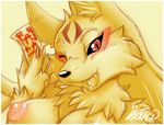  breasts canine close-up face_markings female fluff fox inuki kitsune looking_at_viewer manyo_(character) markings multiple_tails nipples one_eye_closed open_mouth red_eyes solo tail wink yellow 