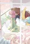  bad_id bad_pixiv_id banana bed food fruit kaname_madoka mahou_shoujo_madoka_magica pajamas pig pink_eyes pink_hair short_hair shrie solo stuffed_animal stuffed_toy window 