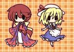  apron bad_id bad_pixiv_id blonde_hair chibi dress fushigi_ebi hair_ribbon hat japanese_clothes kana_anaberal kotohime long_hair multiple_girls red_hair ribbon short_hair touhou touhou_(pc-98) 