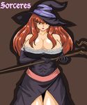  bare_shoulders breasts brown_eyes brown_hair cleavage detached_sleeves dragon's_crown dress hat large_breasts rf solo sorceress_(dragon's_crown) staff strapless strapless_dress witch_hat 