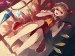  arms_up ascot bad_anatomy dress finger_to_mouth flandre_scarlet hat lying on_back open_mouth panties pantyshot pinky_out red_eyes shirt sketch smile solo thighhighs touhou underwear upskirt white_legwear white_panties wings yasumo_(kuusouorbital) 