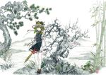  bad_id bad_pixiv_id bamboo flower green_hair hat nayuko pine_tree rod_of_remorse shiki_eiki short_hair skirt smile solo standing touhou traditional_media tree 