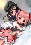  akemi_homura black_hair blue_eyes colored_eyelashes dutch_angle eyes flat_chest girl_on_top hairband kaname_madoka long_hair lying magical_girl mahou_shoujo_madoka_magica multiple_girls nekoda_kuro nipples on_side pink_eyes pink_hair short_hair tongue twintails yuri 