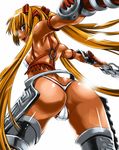  ass ayumi_(x-blades) back blonde_hair butt_crack jpeg_artifacts long_hair looking_back panties shinama simple_background solo tan thong tri_tails underwear very_long_hair white_background x-blades 