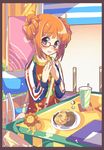  alternate_hairstyle bad_id bad_pixiv_id doughnut food green_eyes hamayumiba_sou idolmaster idolmaster_(classic) idolmaster_live_for_you! mister_donut nail_polish orange_hair pink_nails pon_de_lion raglan_sleeves sitting solo takatsuki_yayoi 