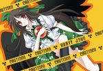  bikuto_ryuu black_hair black_legwear black_wings bow brown_hair caution green_bow hair_bow hair_ribbon kneehighs long_hair radiation_symbol red_eyes reiuji_utsuho ribbon skirt solo third_eye touhou very_long_hair wings 