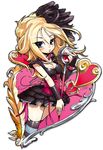 artist_request blonde_hair blush breasts cleavage collar corset dragon_quest dragon_quest_swords feathers hair_feathers hair_ornament jewelry medium_breasts ring setia skirt solo staff striped striped_legwear thighhighs 