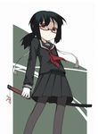  black_hair ikura_hato katana megane pantyhose red_eyes school_uniform sword tagme 