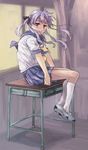 classroom desk hair_ribbon kagami_hiiragi lucky_star purple_eyes purple_hair ribbon school_desk school_uniform serafuku shoes sitting skirt socks twin_tails 