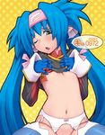  blue_hair child garter_belt green_eyes headband kei_jiei klan_klein long_hair macross macross_frontier midriff navel no_panties pointy_ears shirt_lift solo thighhighs twintails 