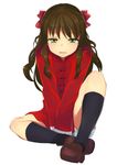  arima_miyako brown_hair chinese_clothes full_body green_eyes hair_ribbon haruyuki_(yukichasoba) highres loafers long_hair melty_blood ribbon shoes simple_background sitting socks solo tsukihime 