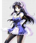  asako_(asako159) bad_id bad_pixiv_id black_hair black_legwear breasts cleavage elbow_gloves fortune_arterial gloves kuze_kiriha large_breasts long_hair maid_headdress pantyhose purple_eyes smile solo 