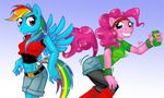  anthrofied blue_eyes blue_fur clothing cocked_eyebrow cutie_mark darkpenguin duo equine female friendship_is_magic fur grin hair horse mammal multi-colored_hair my_little_pony parody pegasus pink_eyes pink_fur pink_hair pinkie_pie_(mlp) pony rainbow_dash_(mlp) rainbow_hair shaking_butt shorts wing_boner wings 