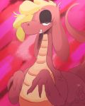  2018 abstract_background claws dragon female ginger_(shyguy9) hair hi_res long_neck looking_at_viewer naughty_face scales scalie seductive short_hair toony uriell3 